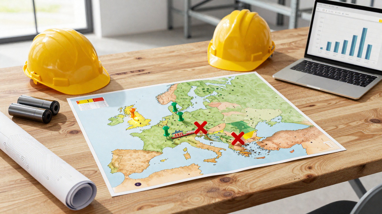 Mapa da Europa com marcadores, capacetes de segurança amarelos, tubos e laptop em mesa de madeira.