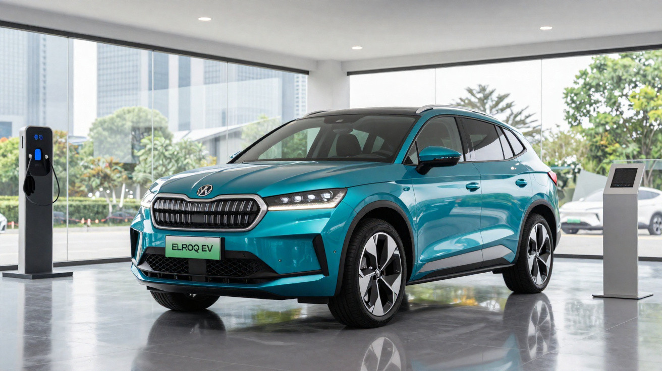 Carro elétrico azul Skoda Elroq EV em exposição, com estação de recarga ao lado, em ambiente interno moderno.