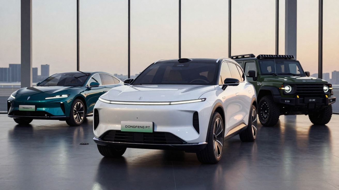 Três carros elétricos modernos em exposição dentro de um ambiente com janelas amplas e vista urbana.
