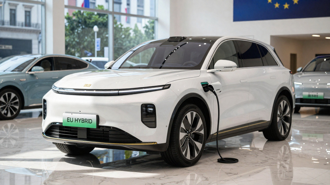 Carro branco híbrido elétrico sendo carregado em exposição com piso de mármore em salão de automóveis.