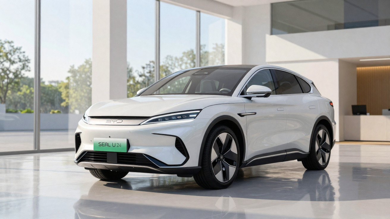 Carro elétrico branco modelo Seal U24 estacionado em ambiente interno moderno e iluminado.