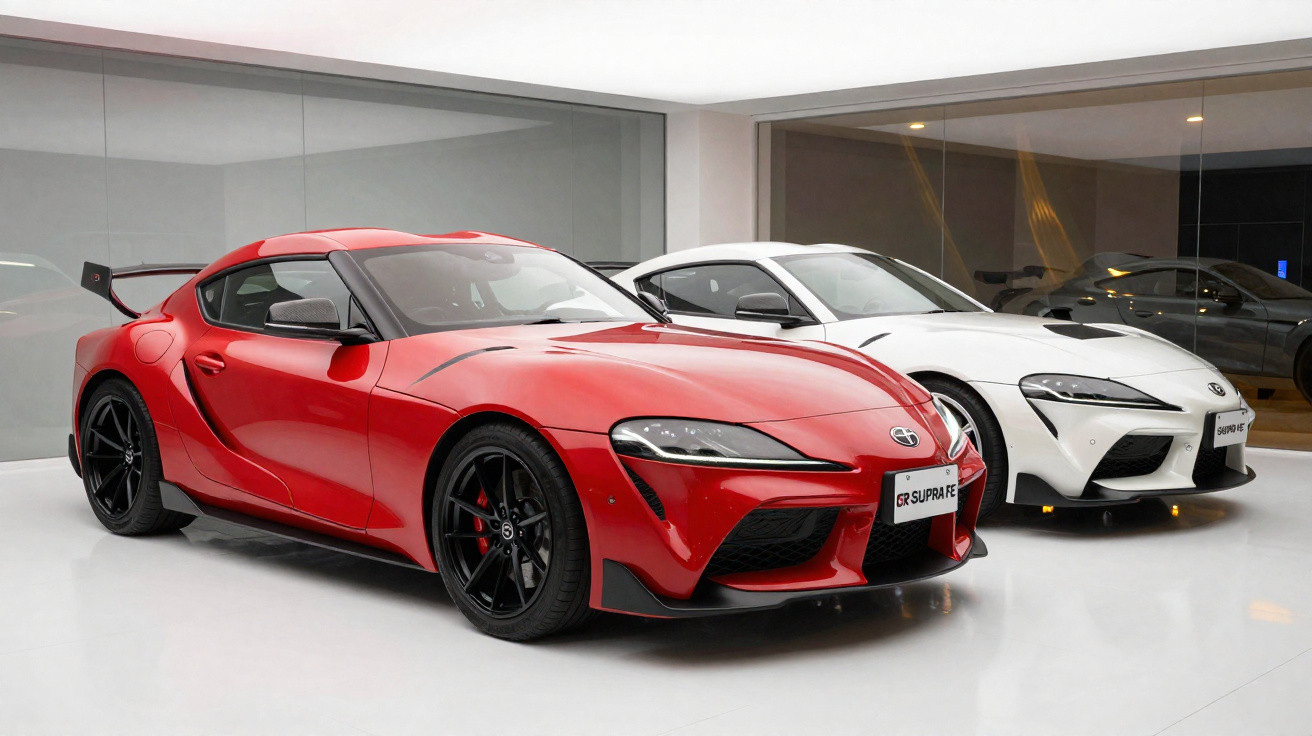 Dois carros esportivos Toyota Supra, um vermelho em destaque e outro branco ao fundo, em ambiente interno moderno.