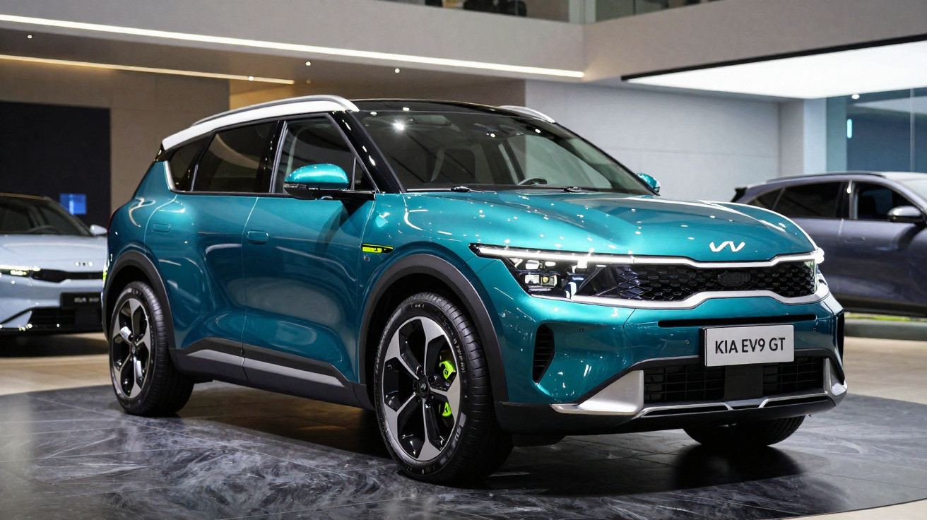 Carro elétrico Kia EV9 GT azul em exposição, vista frontal em ambiente interno.