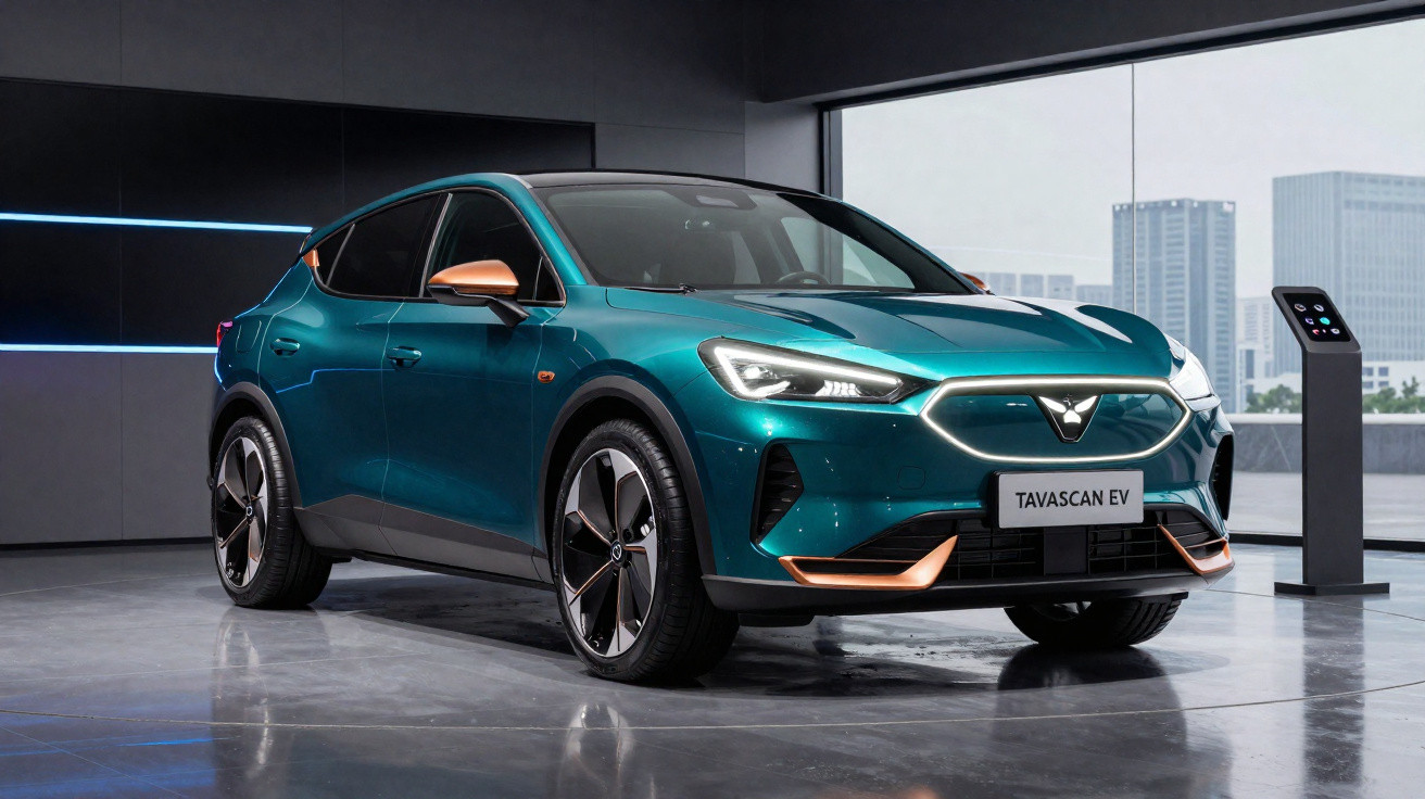 Carro elétrico Cupra Tavascan EV azul com detalhes em cobre em showroom moderno com grandes janelas.