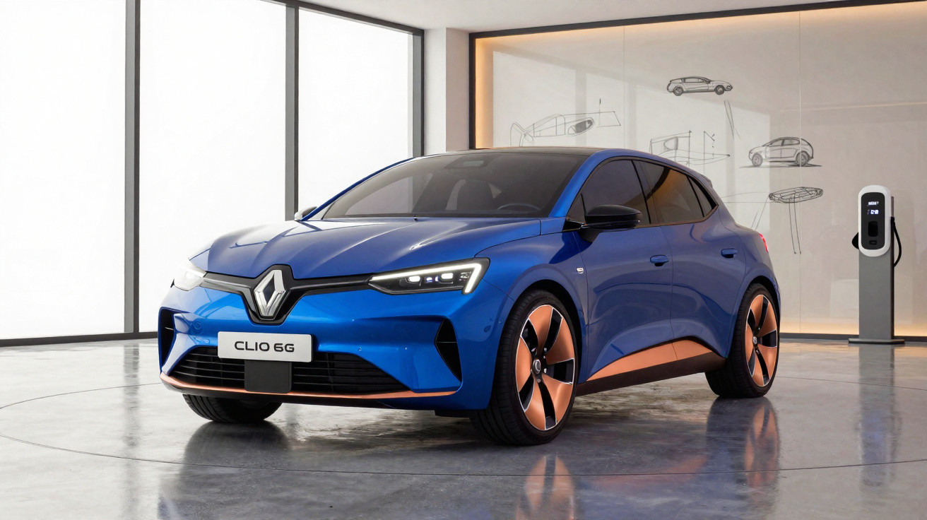 Carro elétrico Renault Clio 6G azul exposto em garagem com parede branca e estação de recarga.