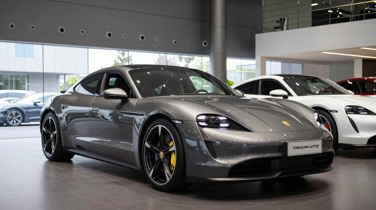Carro esportivo cinza Porsche Taycan GTS em exposição dentro de concessionária moderna.