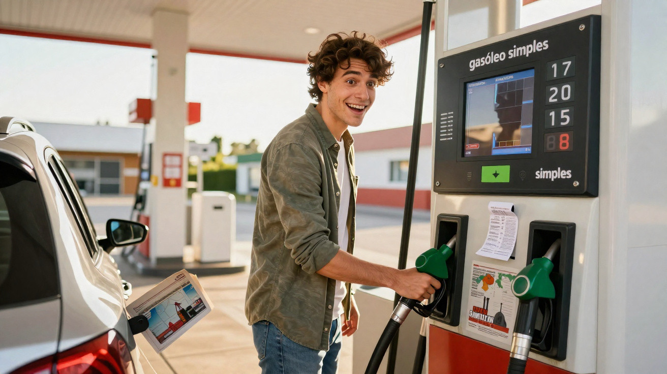 Jovem sorridente abastecendo carro em posto de combustível durante o dia com bomba de gasolina visível.
