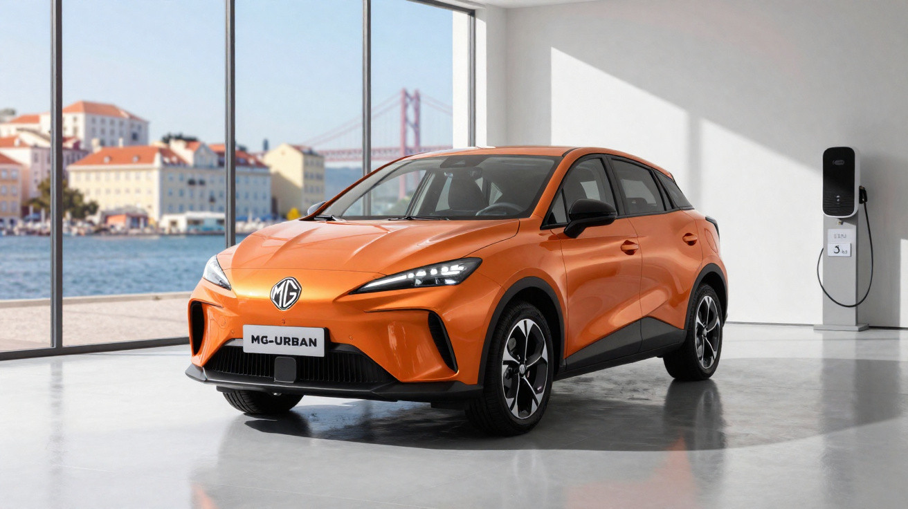Carro elétrico laranja MG Urban estacionado em showroom moderno com vista para um rio e ponte ao fundo.