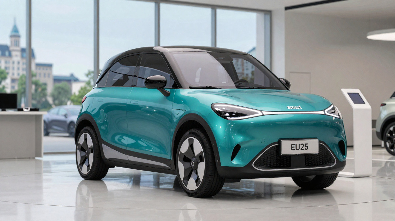 Carro elétrico compacto azul em exposição dentro de showroom moderno com teto preto e rodas estilizadas.