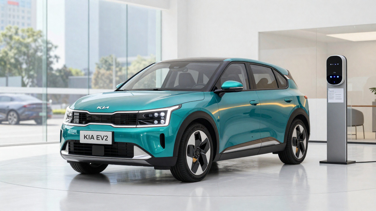 Carro Kia EV2 verde exposto em showroom moderno, com estação de recarga elétrica ao lado.