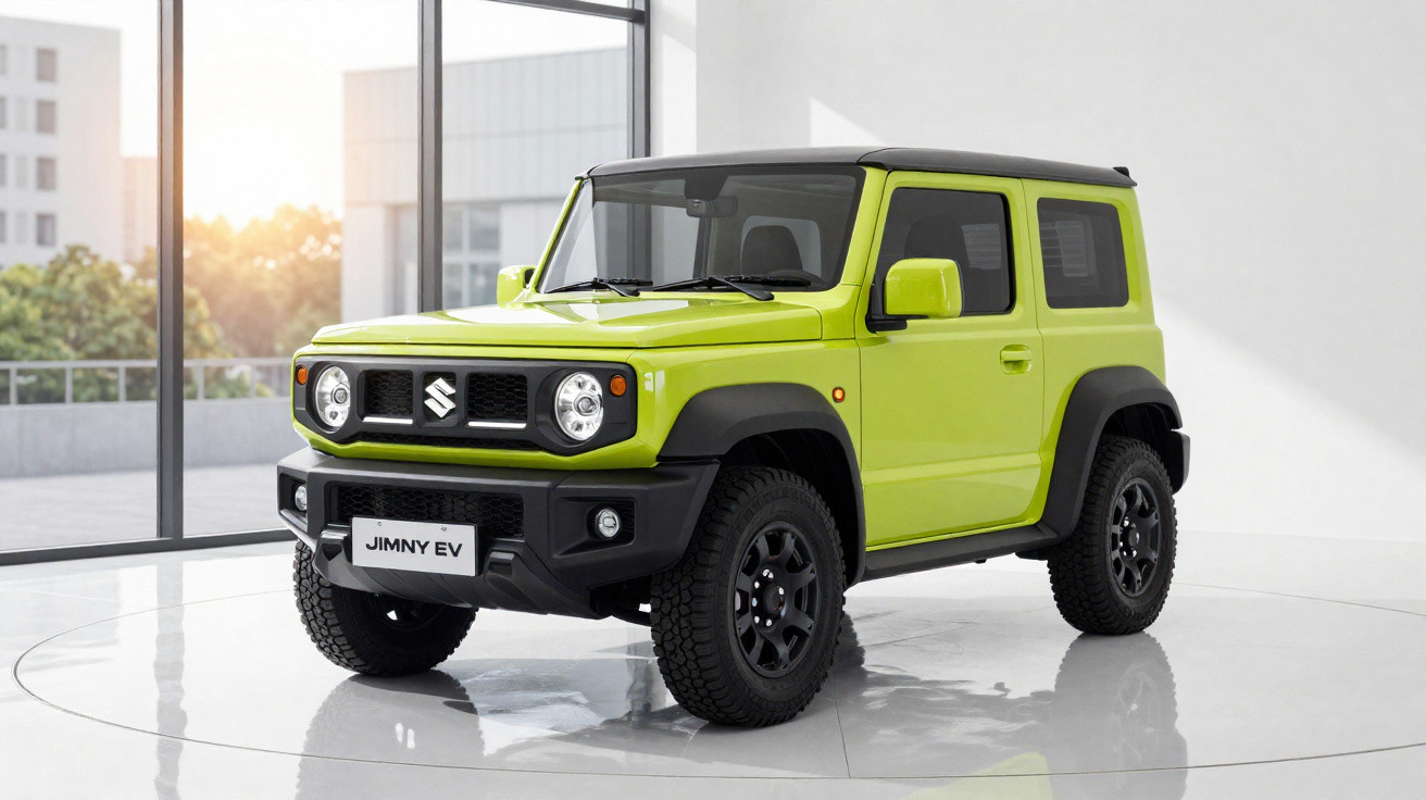 Veículo Suzuki Jimny EV verde-limão estacionado em ambiente interno iluminado por luz natural.