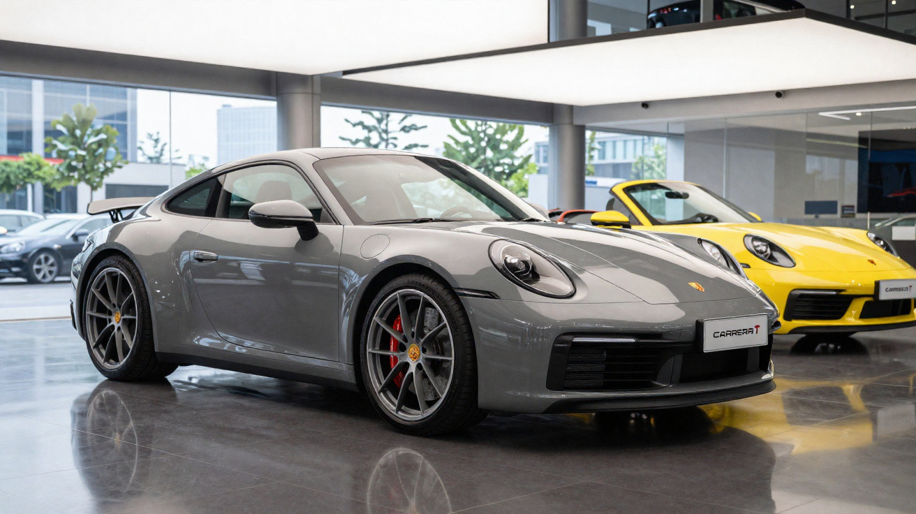 Carro esportivo Porsche cinza em destaque na concessionária, com outro amarelo ao fundo.