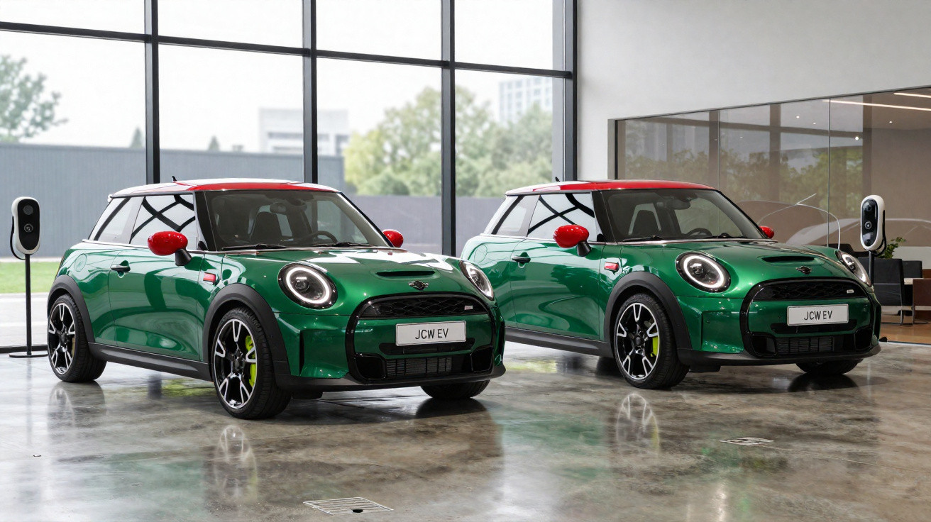 Dois carros Mini Cooper JCW EV verdes com teto vermelho estacionados em showroom moderno.