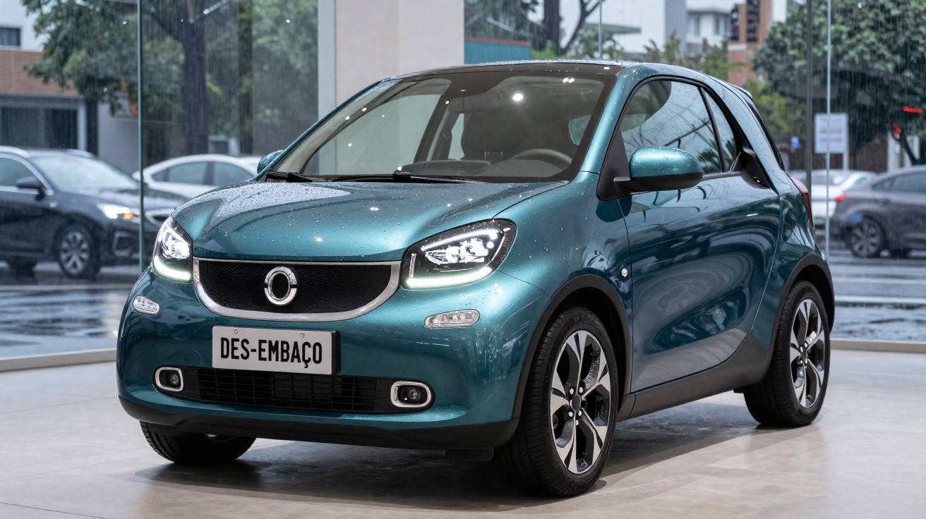 Carro compacto elétrico verde em ambiente interno com placa personalizada escrito DES-EMBAÇO.