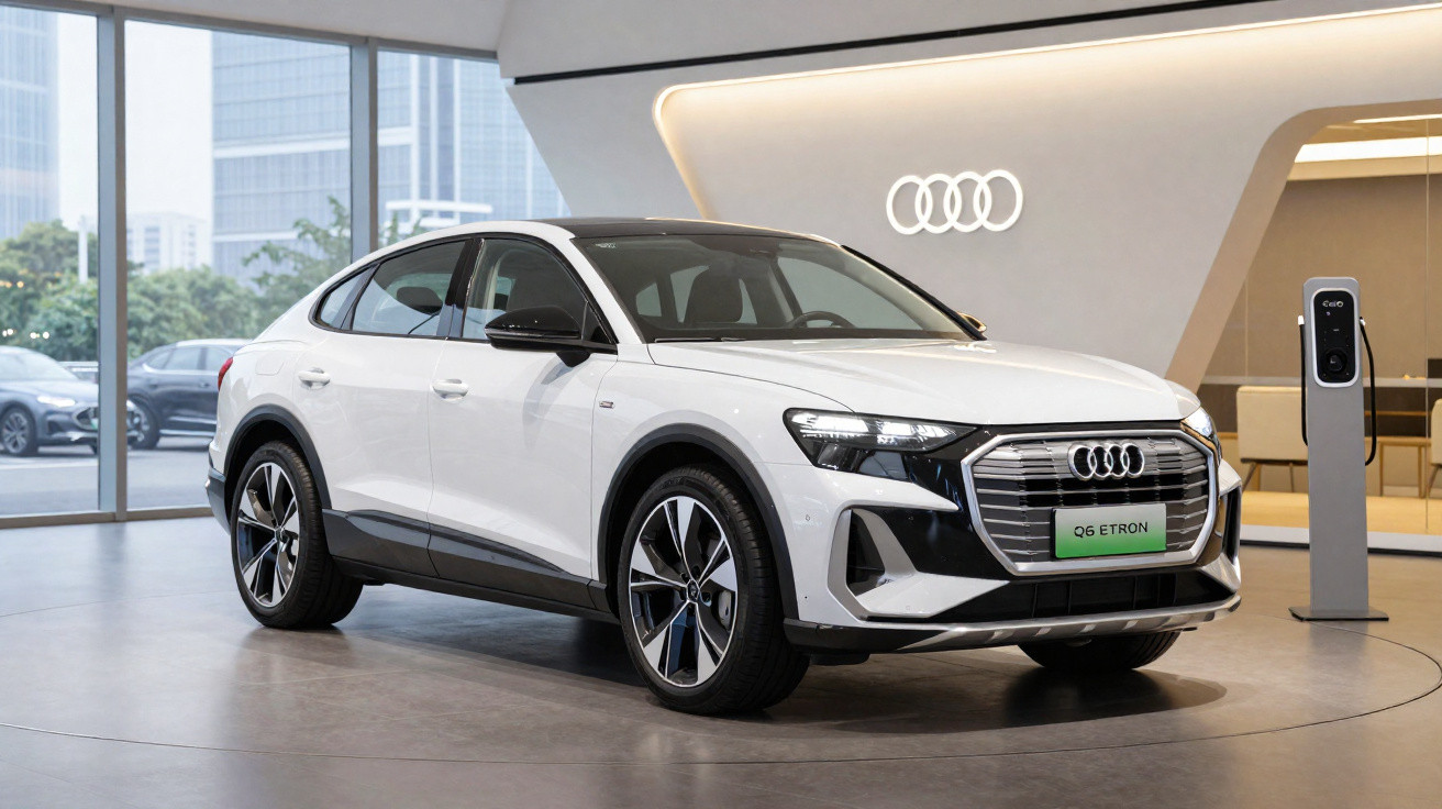 Carro elétrico Audi Q6 e-tron branco exposto em showroom moderno com logo Audi iluminado ao fundo.
