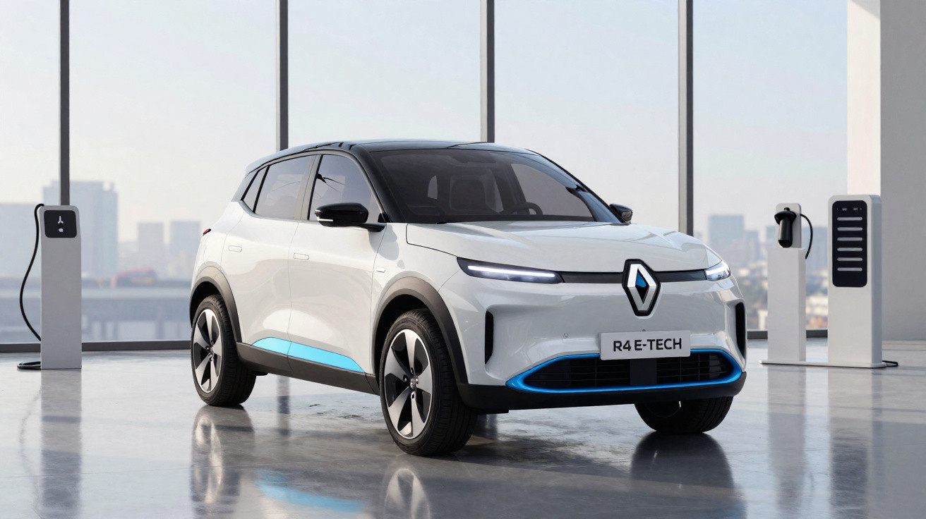 Carro elétrico branco Renault R4 E-TECH estacionado em área interna com pontos de recarga ao fundo.