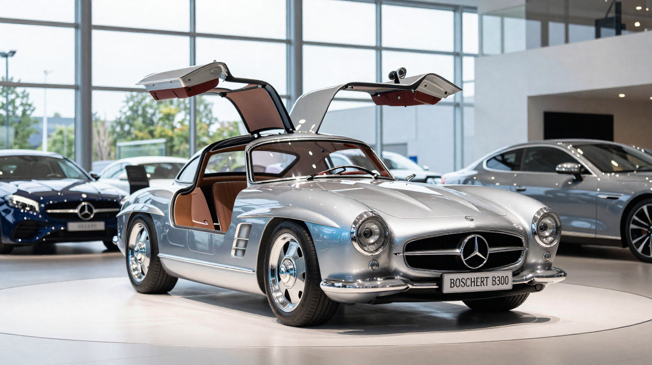 Carro esportivo Mercedes-Benz clássico prata com portas asa de gaivota abertas em showroom moderno.
