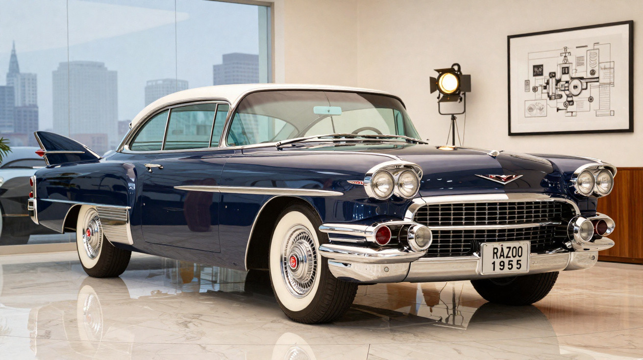 Carro clássico azul e branco modelo 1955 exposto em sala moderna com piso de mármore.
