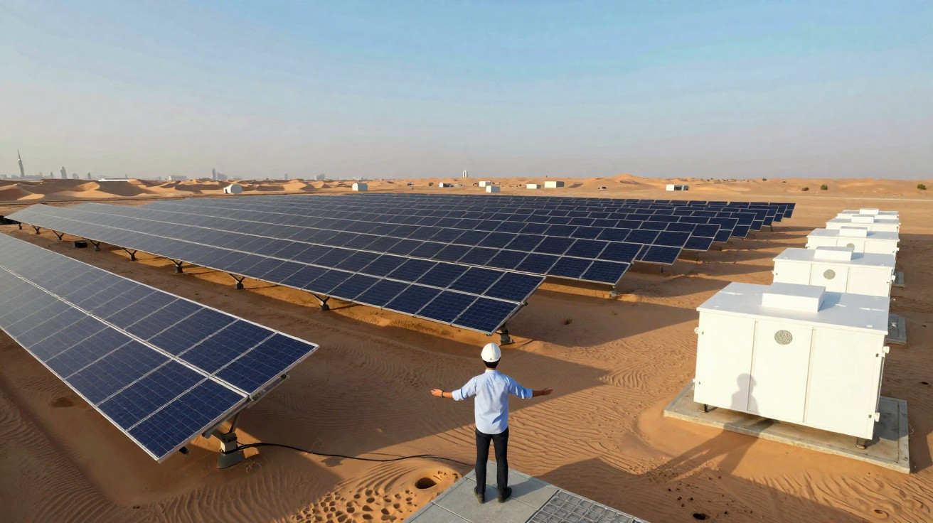 Homem de capacete observa grande campo de painéis solares instalados no deserto durante o dia.