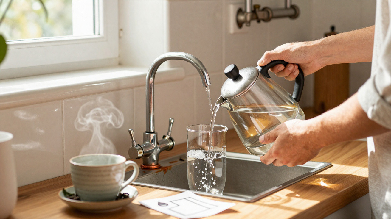 Pessoa despejando chá em copo ao lado de chaleira, água corrente e xícara com vapor na cozinha iluminada.