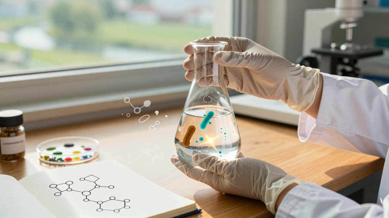 Pesquisador de luvas segurando frasco com água e bactérias coloridas em laboratório moderno.