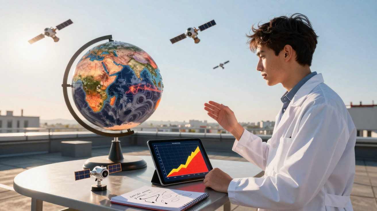 Jovem cientista com jaleco analisa gráfico em tablet com globo terrestre e satélites em mesa ao ar livre.