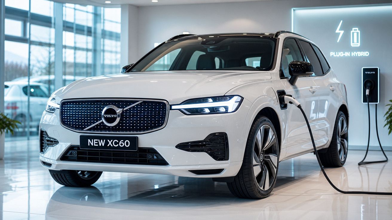 Carro Volvo XC60 branco plugado em estação de carregamento híbrido em salão moderno.