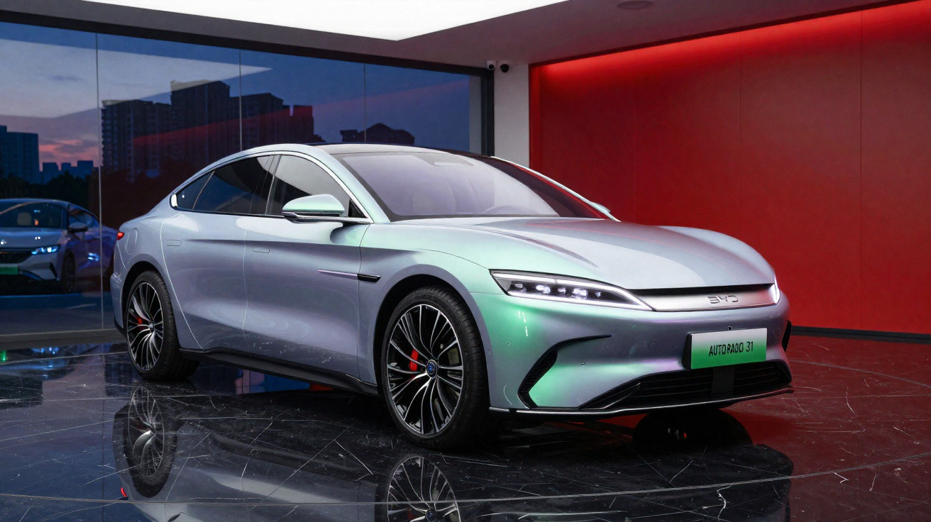 Carro elétrico prata estacionado em ambiente moderno com parede vermelha ao fundo, destaque para rodas esportivas.