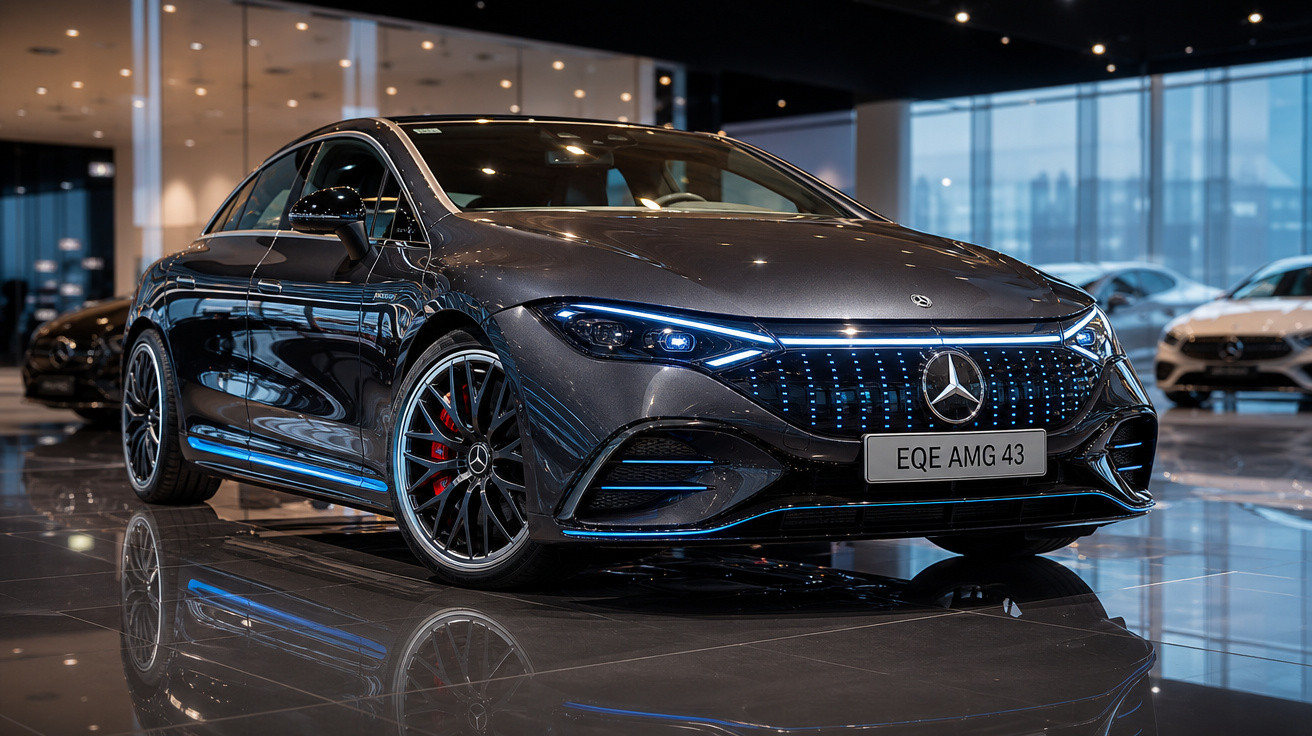 Carro elétrico Mercedes-Benz EQE AMG 43 preto exibido em showroom moderno com iluminação refletida no chão.