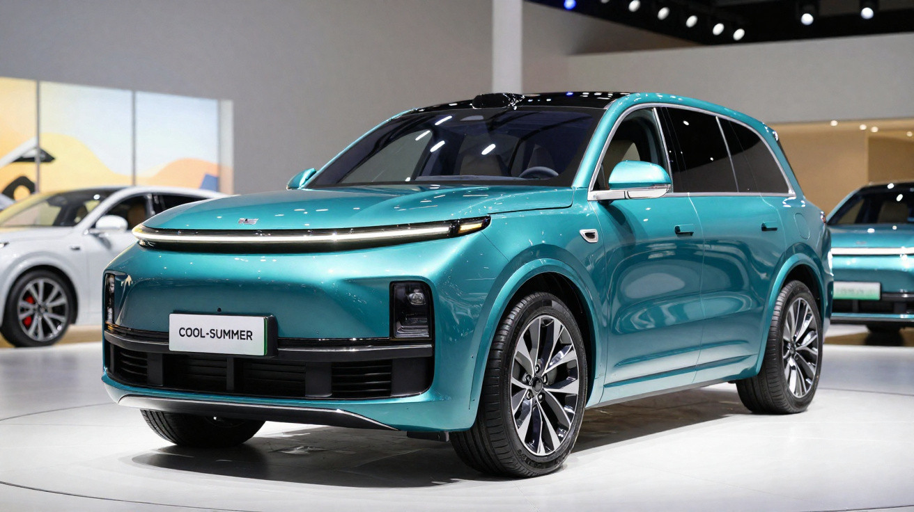 Carro SUV elétrico azul turquesa estacionado em showroom moderno com iluminação no teto.