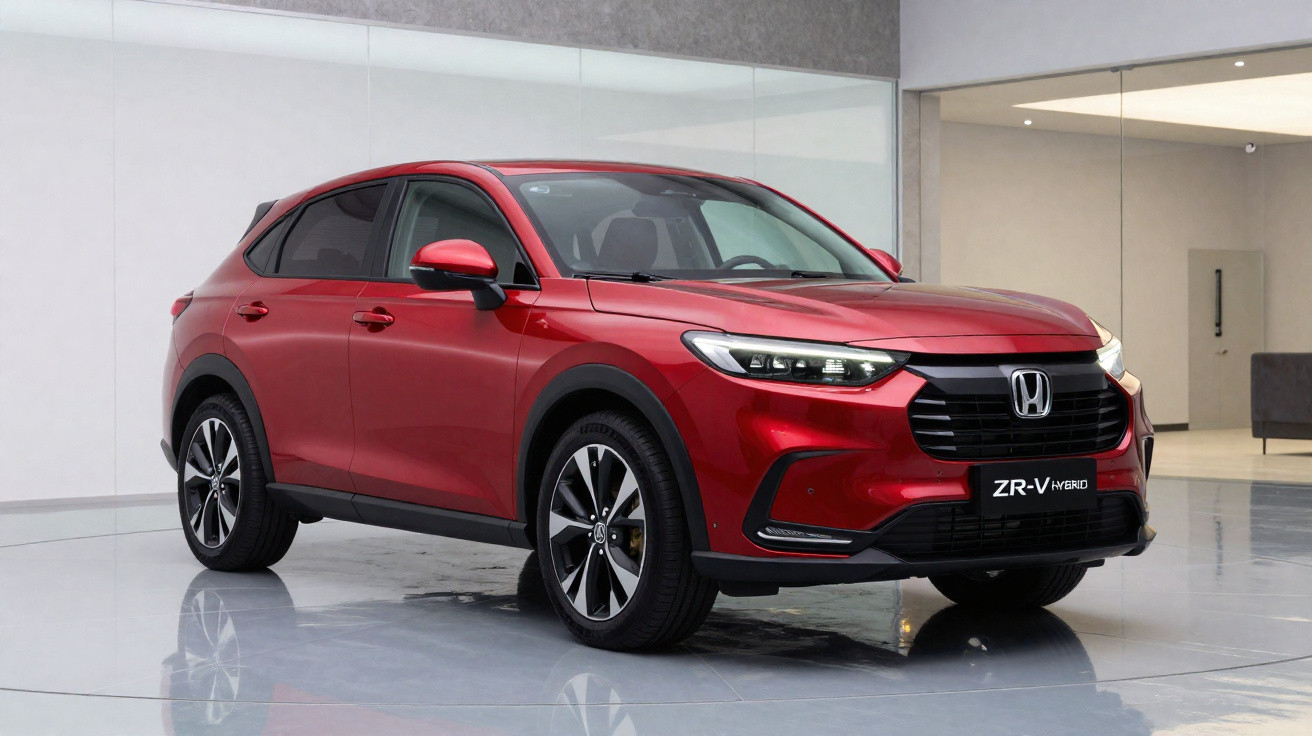 SUV Honda ZR-V Hybrid vermelho exibido em ambiente interno moderno e iluminado
