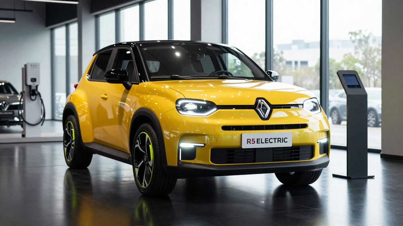 Carro elétrico Renault R5 elétrico amarelo em exibição com rodas verdes em showroom moderno.