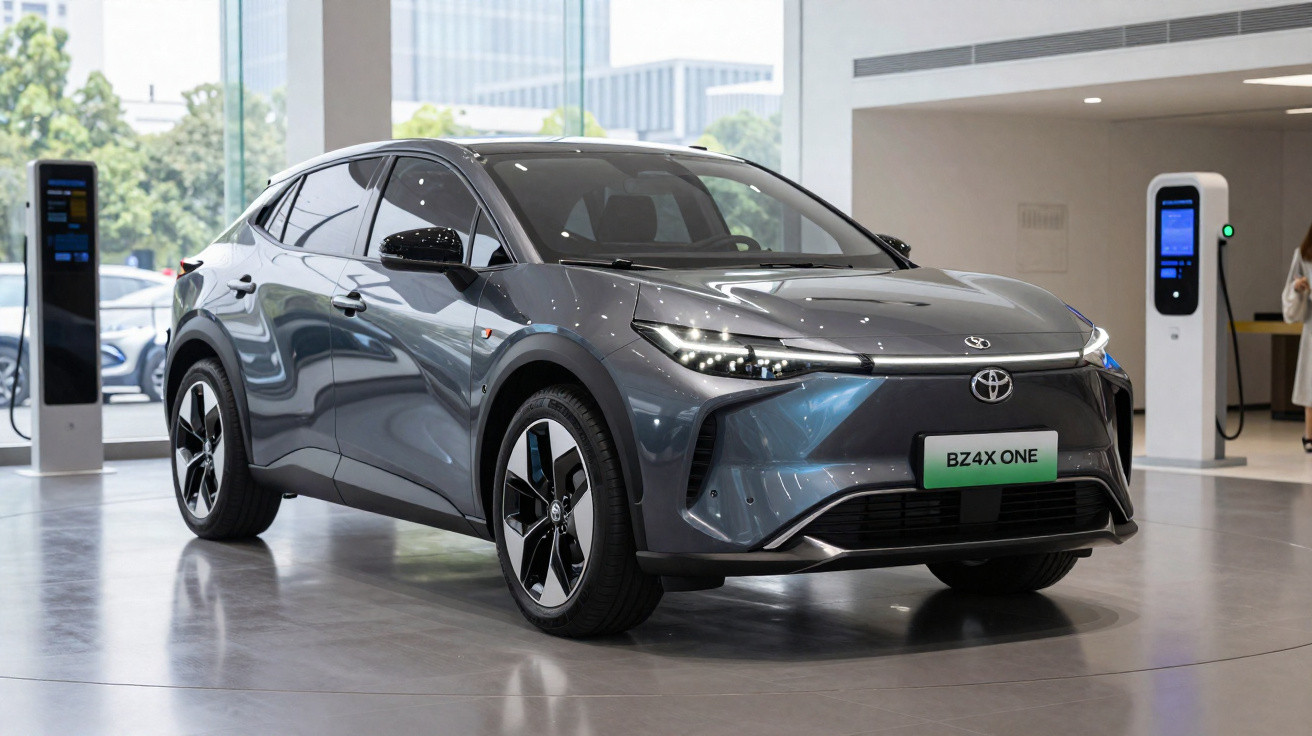 Carro elétrico Toyota BZ4X cinza exibido em showroom moderno com pessoa ao fundo.