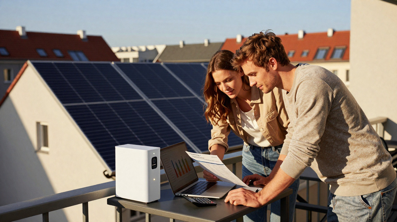 Casal analisando contas com painel solar e equipamentos eletrônicos ao fundo em varanda residencial.