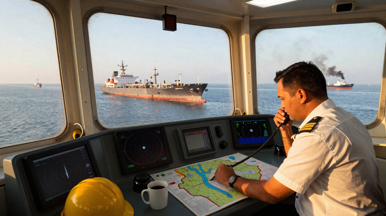 Homem em uniforme de capitão naval falando no rádio dentro da cabine de comando de um navio, com mapas e radar.