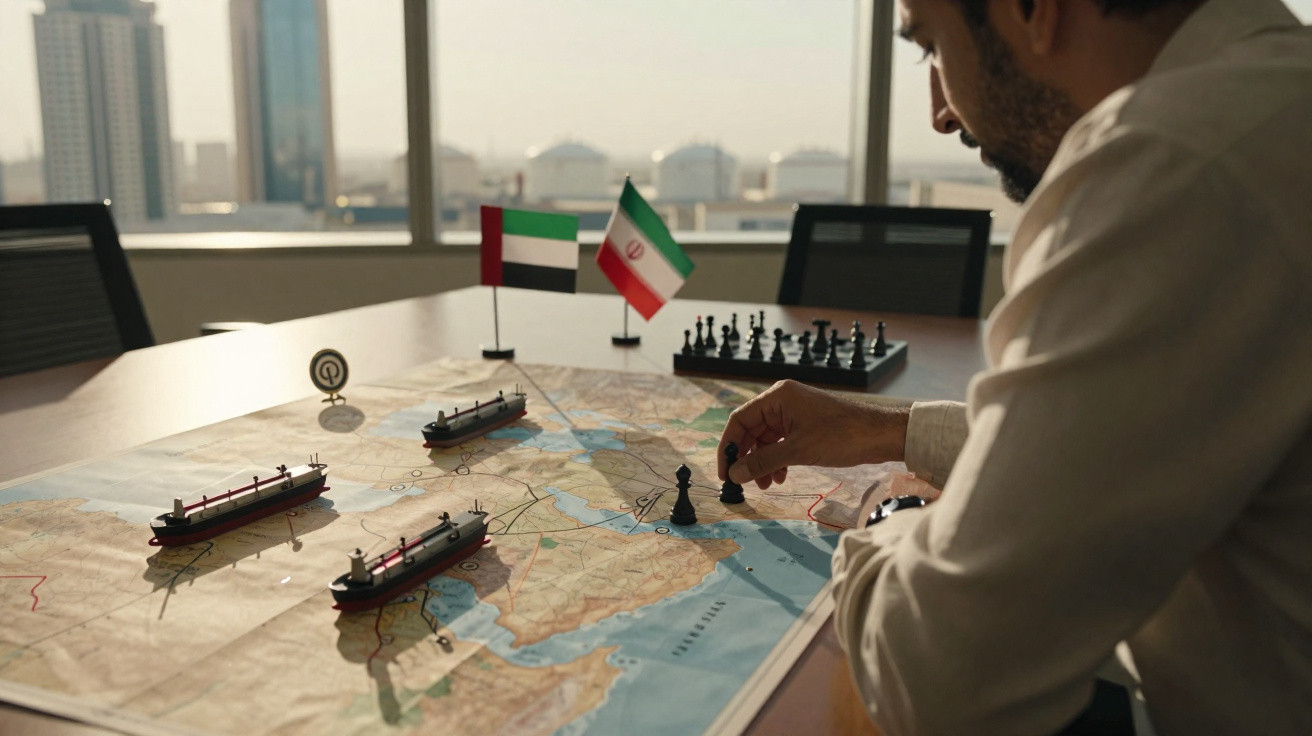Pessoa movimentando modelo de navio sobre mapa estratégico com peças de xadrez e bandeira do Irã.
