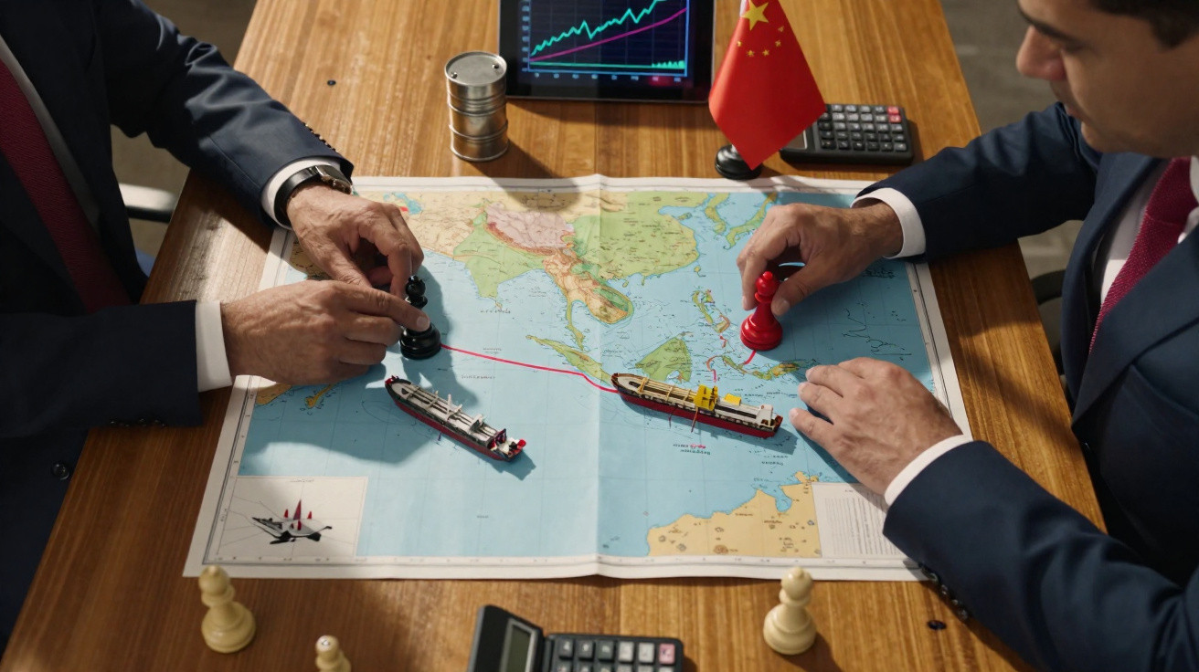 Duas pessoas com terno seguram peças no tabuleiro de um mapa náutico com miniaturas de navios e bandeira da China.