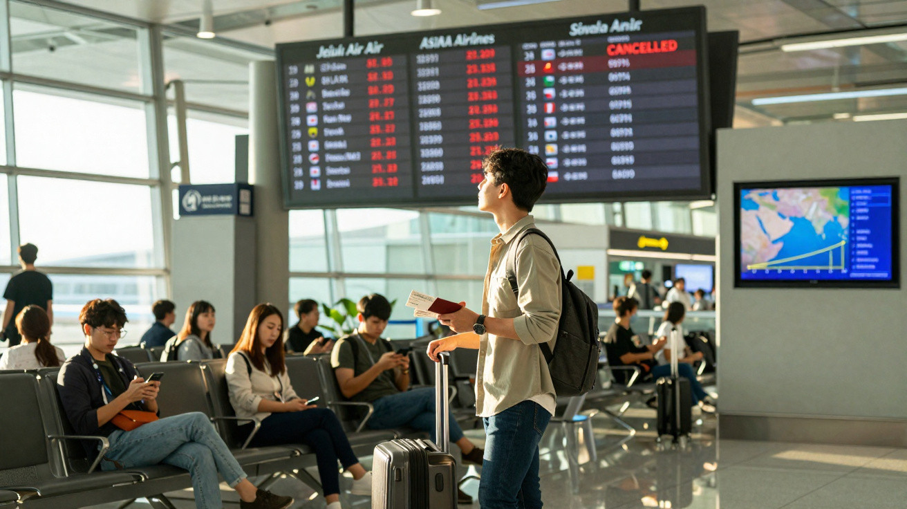 Passageiros aguardam voos em aeroporto com painel mostrando várias partidas canceladas.
