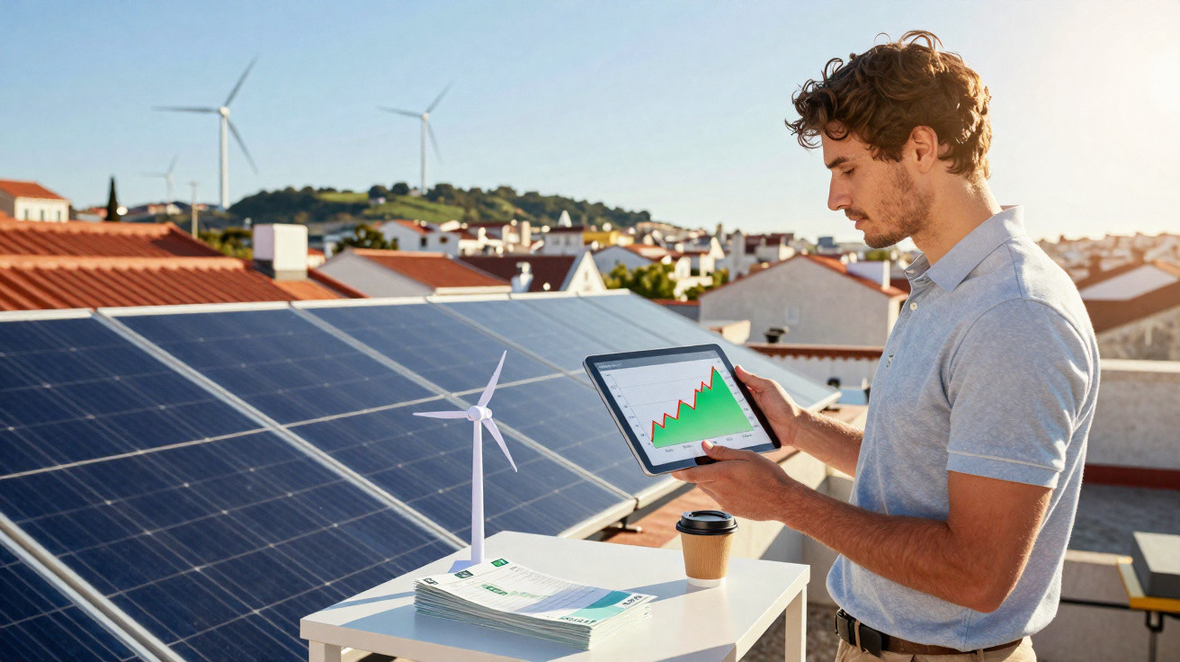 Homem analisando gráfico de crescimento em tablet, com painéis solares, mini turbina e pilha de dinheiro ao lado.