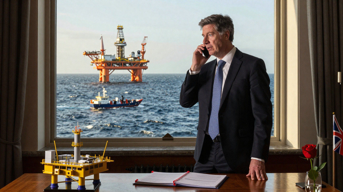 Homem de terno fala ao celular em escritório com modelo e janela mostrando plataforma petrolífera no mar.