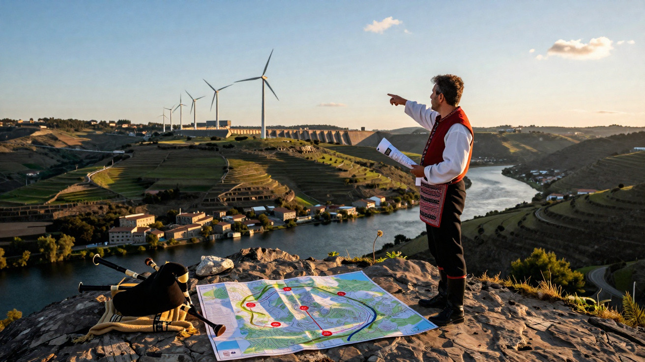 Homem em traje tradicional observa moinho de vento e rio com mapa e gaita sobre pedra sob luz do entardecer.