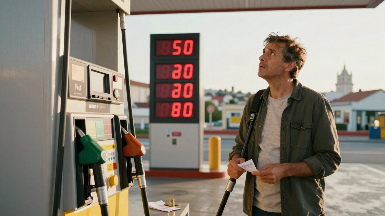 Homem em posto de gasolina olhando para preços altos enquanto segura nota e bomba de combustível.
