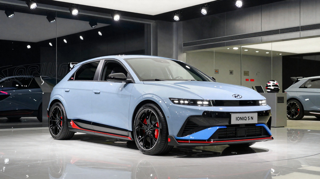 Carro Hyundai Ioniq 5 N prata em showroom com iluminação moderna e painel espelhado ao fundo.