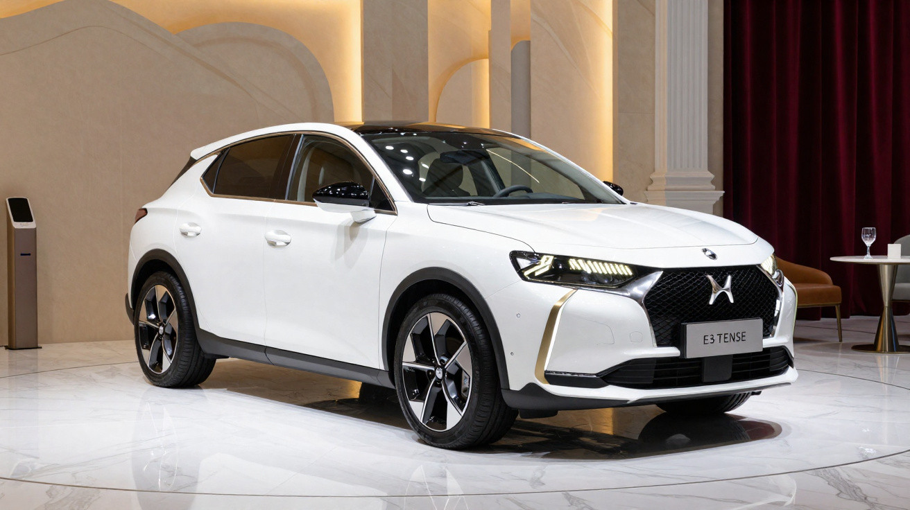 Carro branco elétrico DS 4 E-Tense em exposição com carregador ao lado, em ambiente elegante e iluminado.