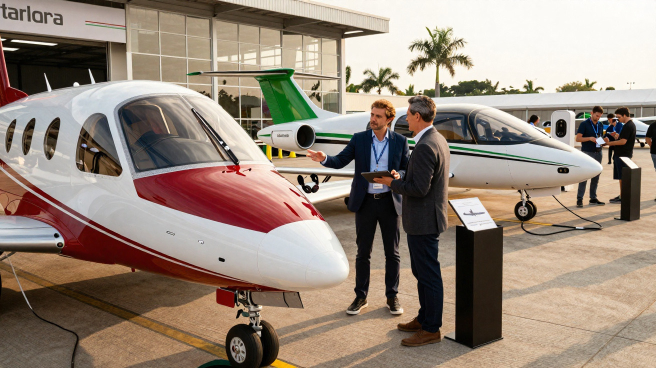 Dois aviões executivos estacionados ao ar livre com duas pessoas conversando entre eles.