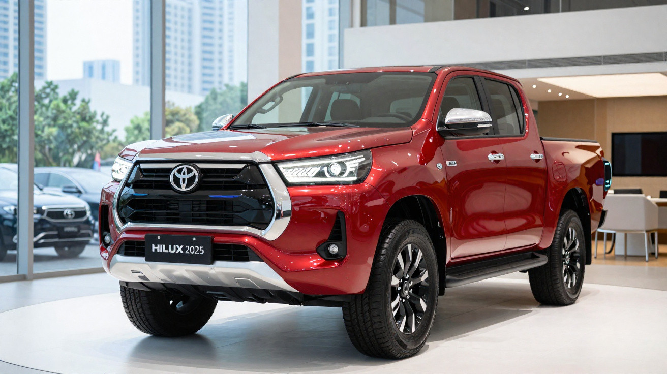 Picape Toyota Hilux 2025 vermelha exibida em showroom moderno com janelas e cidade ao fundo.