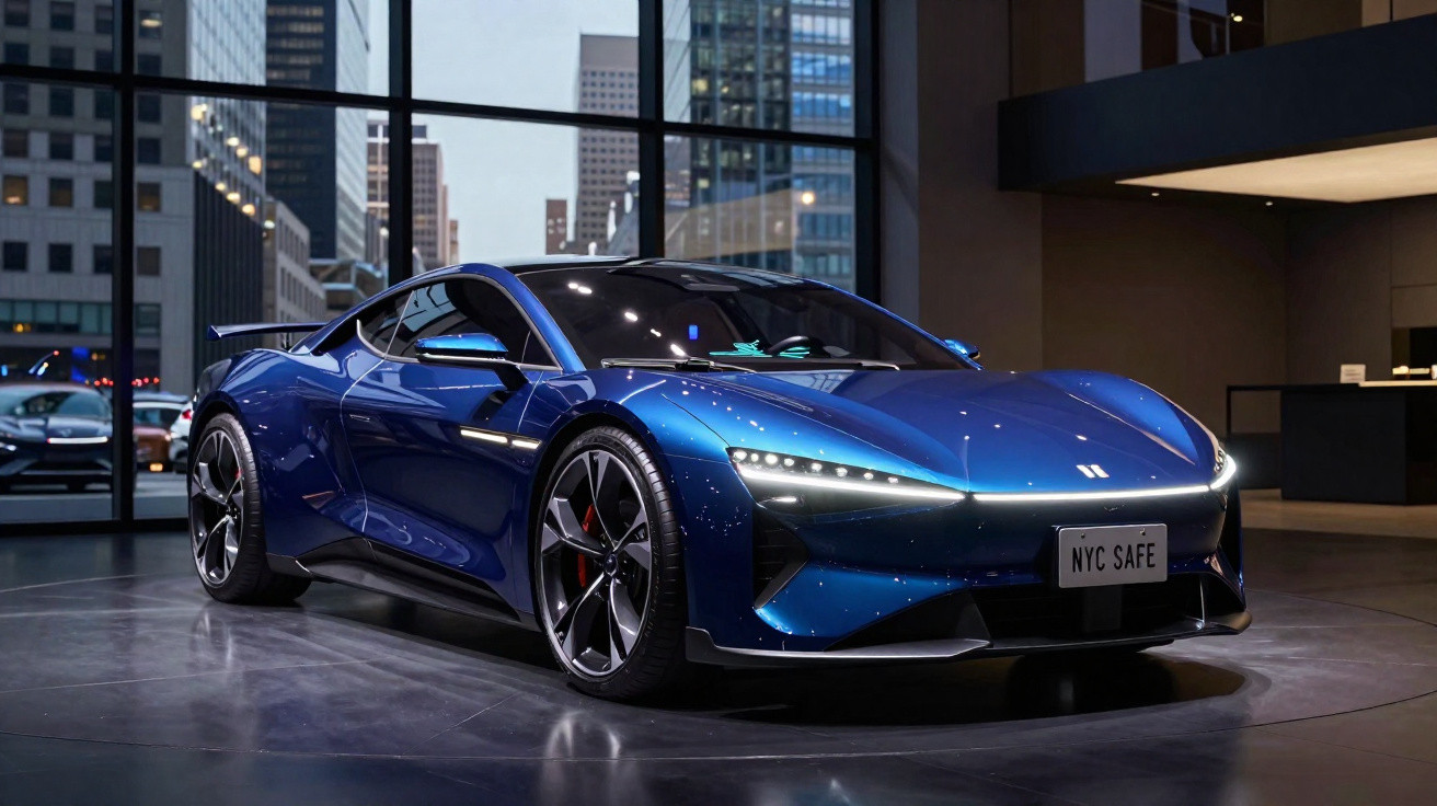 Carro esportivo azul metálico estacionado em piso brilhante dentro de showroom moderno.