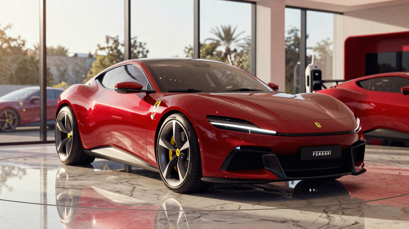 Carro esportivo Ferrari vermelho em exposição dentro de showroom moderno e iluminado.