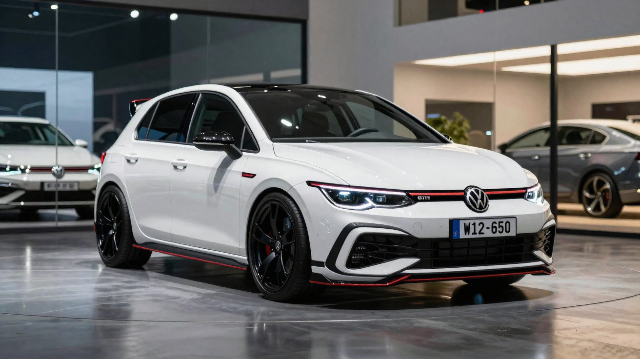Carro Volkswagen hatch branco com detalhes vermelhos exposto em showroom moderno e iluminado.
