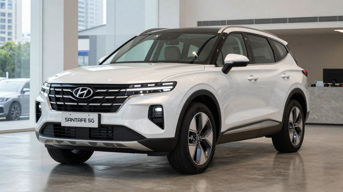 SUV branco Hyundai SantaFe 5G estacionado em showroom moderno com piso cinza.